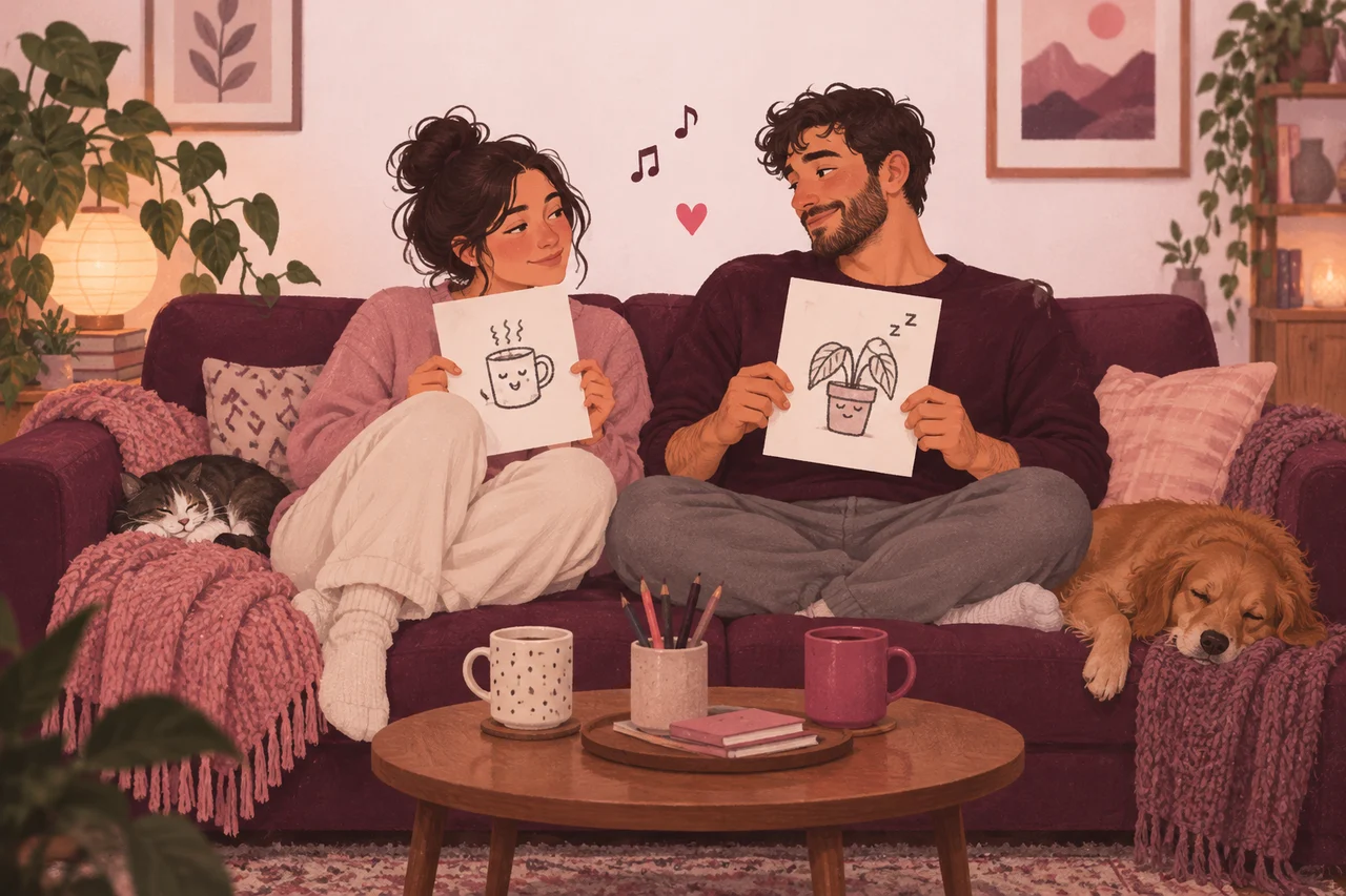Two illustrated partners sit on a plum sofa, each holding a silly doodle, with mugs and pencils on a low table.