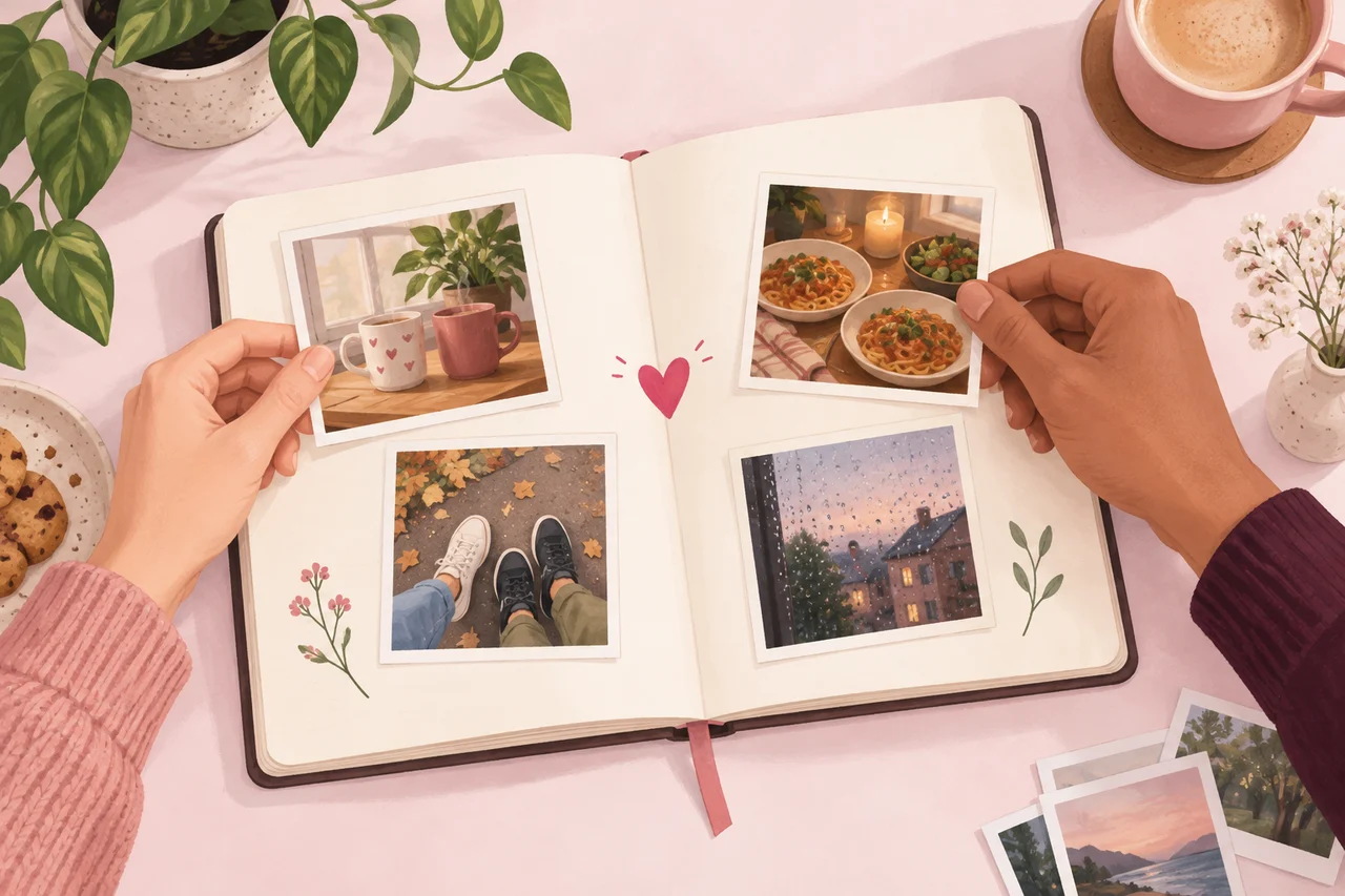 Two hands place illustrated everyday photos into an open journal, with a small pink heart between the pages.