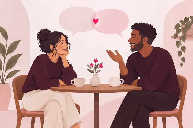 Two illustrated partners talking across a small café table, with two cups and overlapping speech shapes joined by a pink heart.