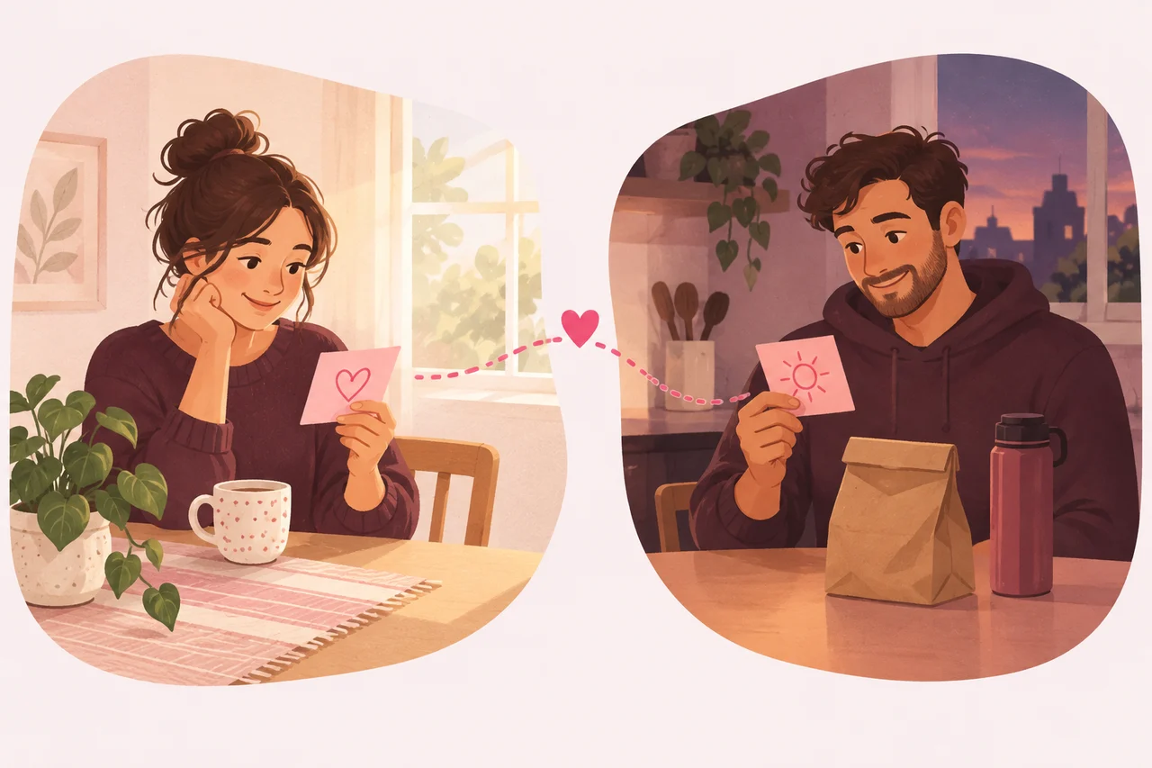 Two illustrated partners at separate kitchen tables, one in morning light and one at dusk, each holding a small note, with a pink trail between them.