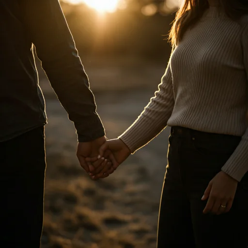 A couple holding hands in warm evening light